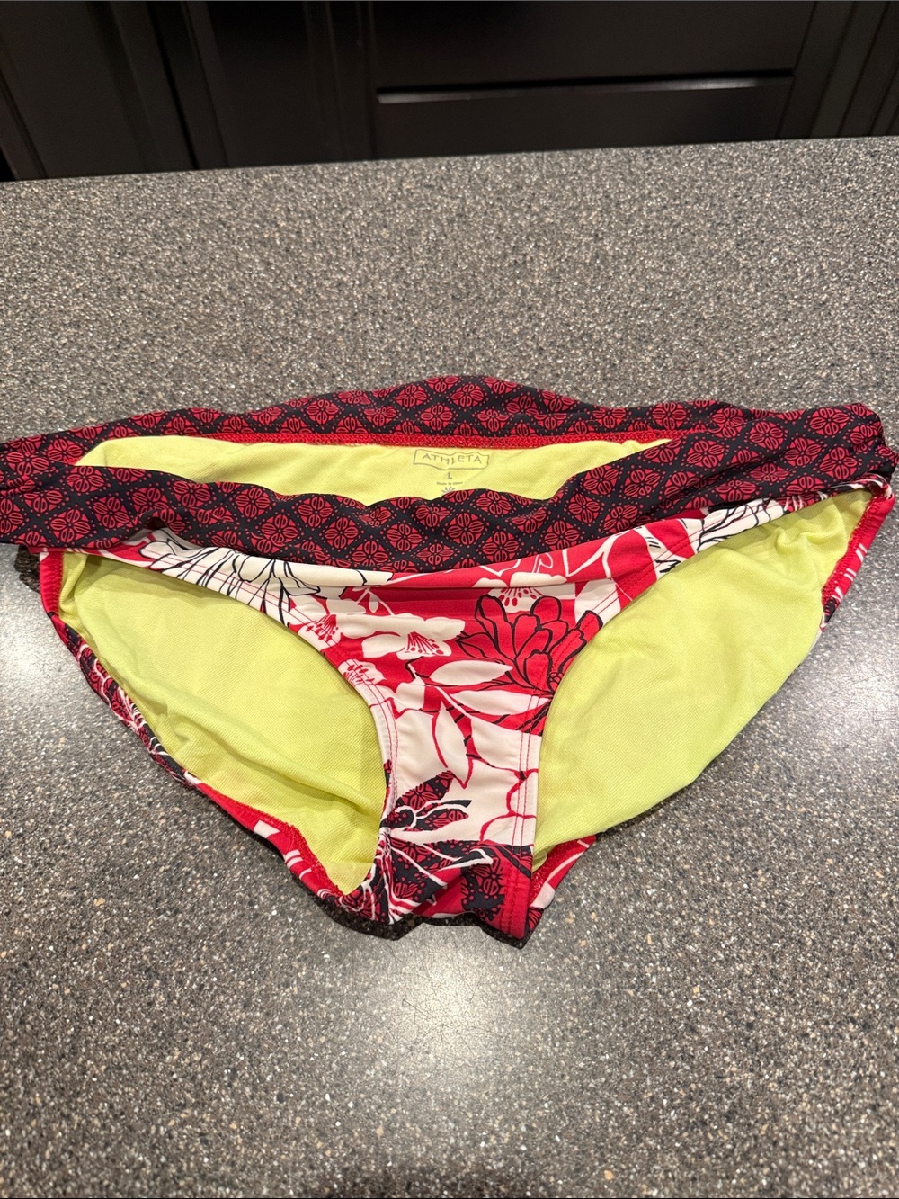 Athleta Red Floral Foldover Swim Bikini Bottoms with Lime Lining